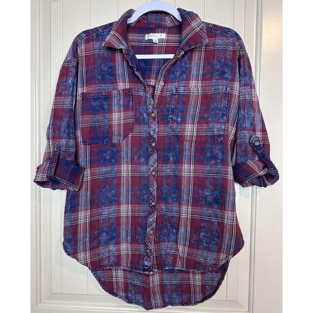 Love Fire distressed long sleeve button up roll tab sleeves 100 % cotton sz S